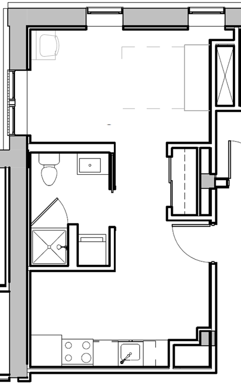 Floor plan for studio, 1 bath, 394 sqft
